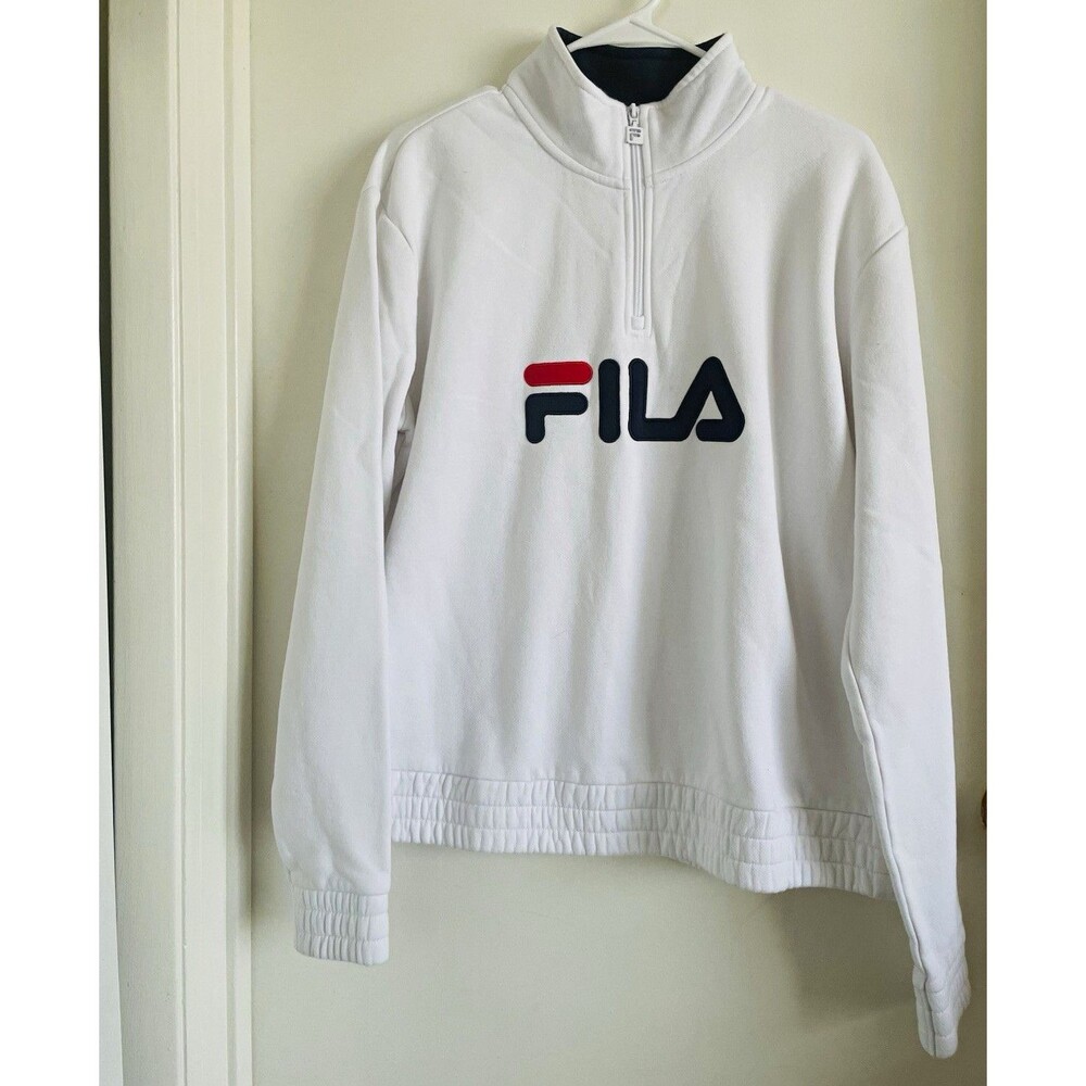 FILA Men's White 1/4 Zip Mock Neck Fleece Pullover Logo Sweatshirt Size M